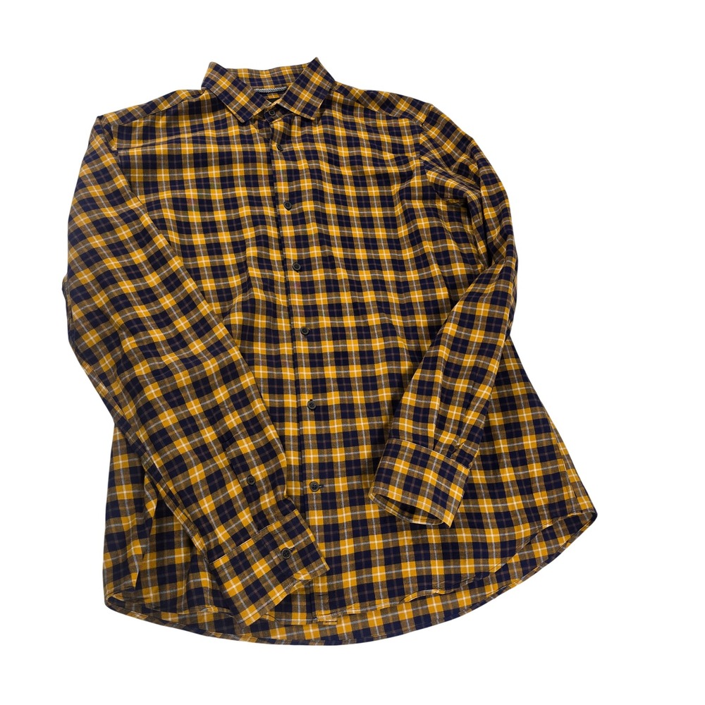 Massimo‎ Dutti Mens Yellow Navy Plaid Italian Fabric Button Down Shirt Large
